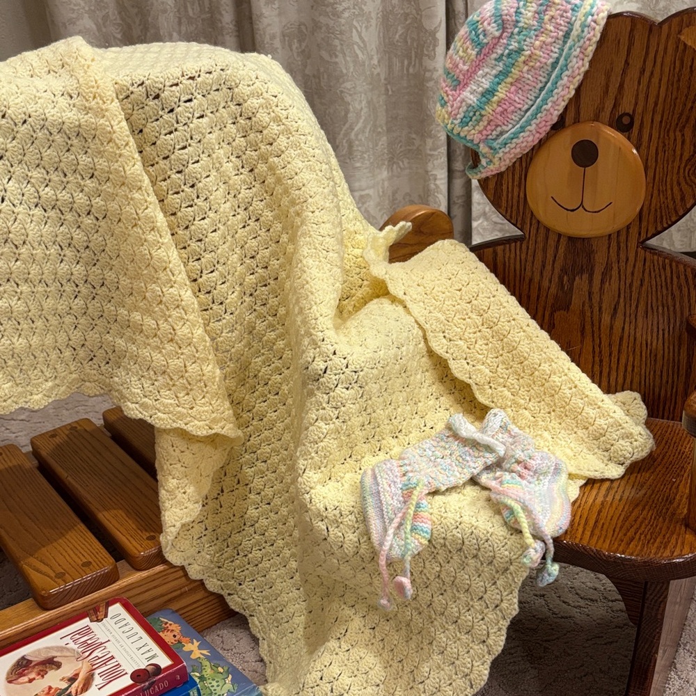Handmade Yellow‎ Crochet Blanket, Hat and Booties Set